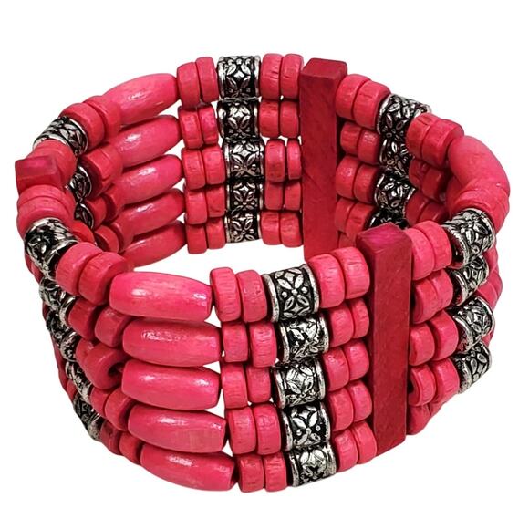 Pink Beaded Stretch Bracelet Silver Tone 1.5" - Picture 1 of 4